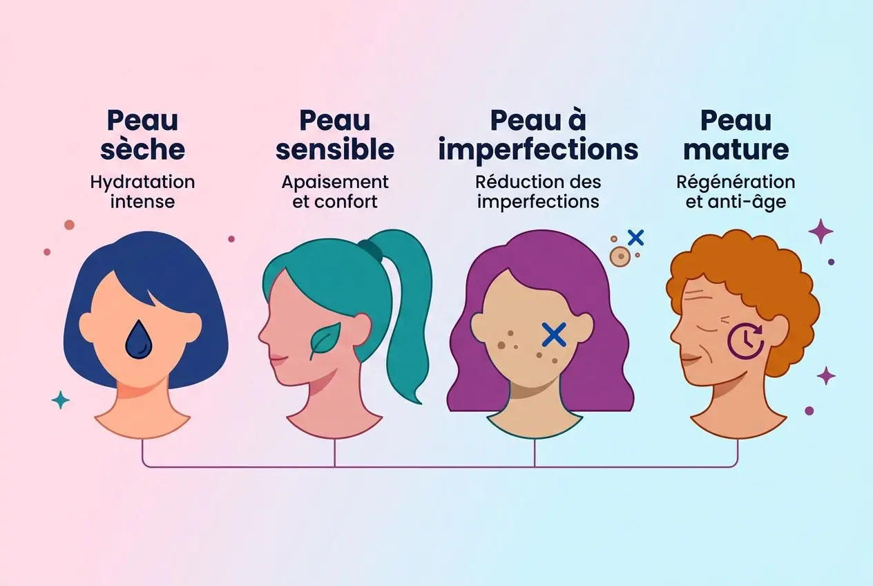 Illustration montrant quatre profils de peau: peau sèche, peau sensible, peau d’imperfections et peau mature, avec des icônes de soins indiquant hydratation, apaisement, réduction des imperfections et régénération. mucine d'escargot intégrée comme ingrédient beauté K-Beauty pour réparer et hydrater la peau.