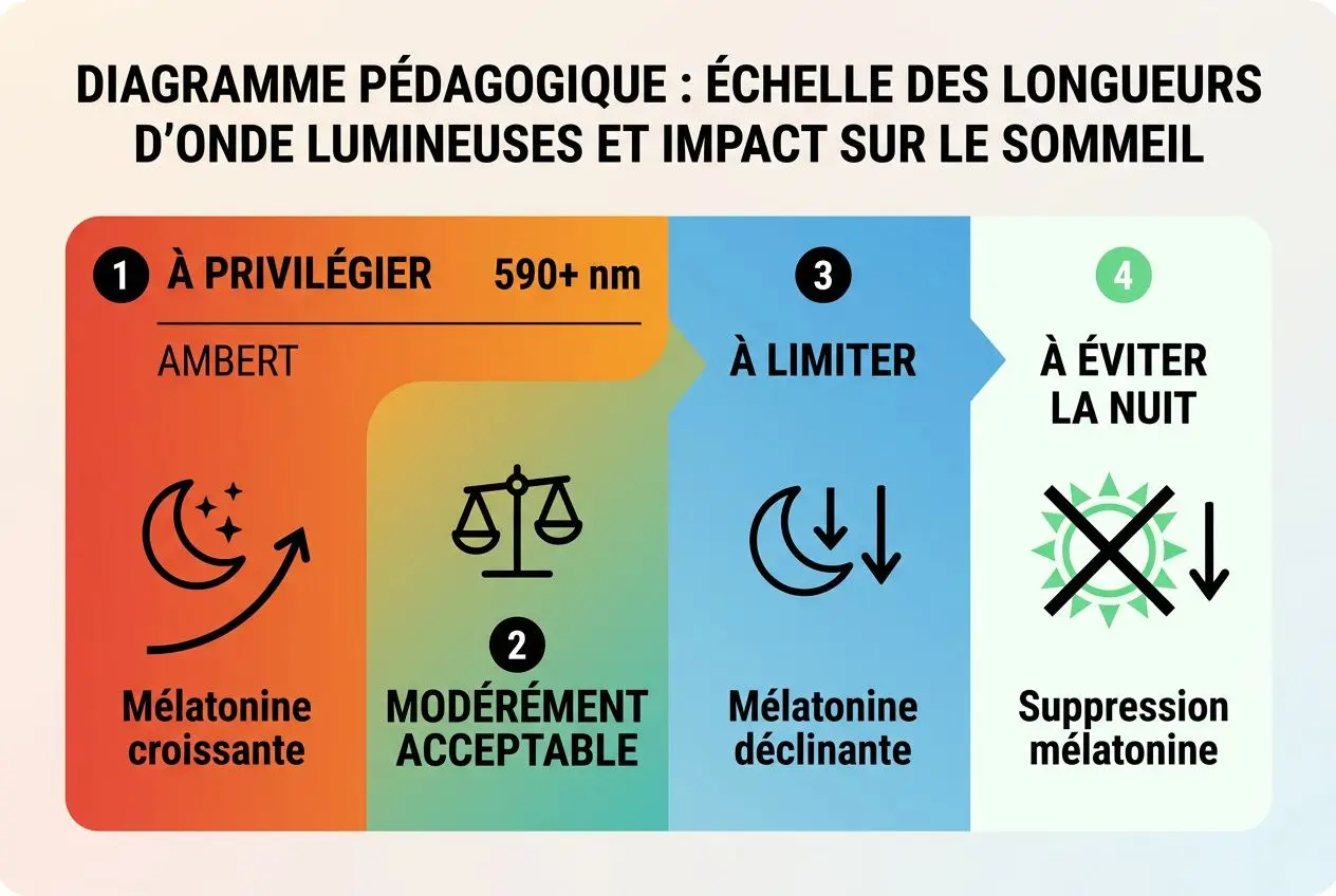Diagramme pédagogique sur l’échelle des longueurs d’onde lumineuses et l’impact sur le sommeil, avec zones À privilégier, À limiter et À éviter la nuit.