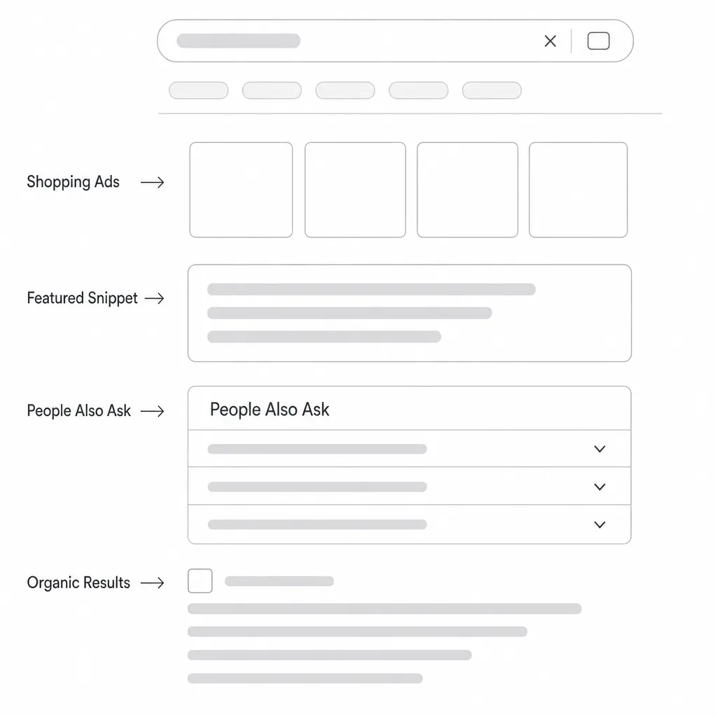 Diagram of a Google results page (SERP) labelling its elements: shopping ads, featured snippet, People Also Ask and organic results.