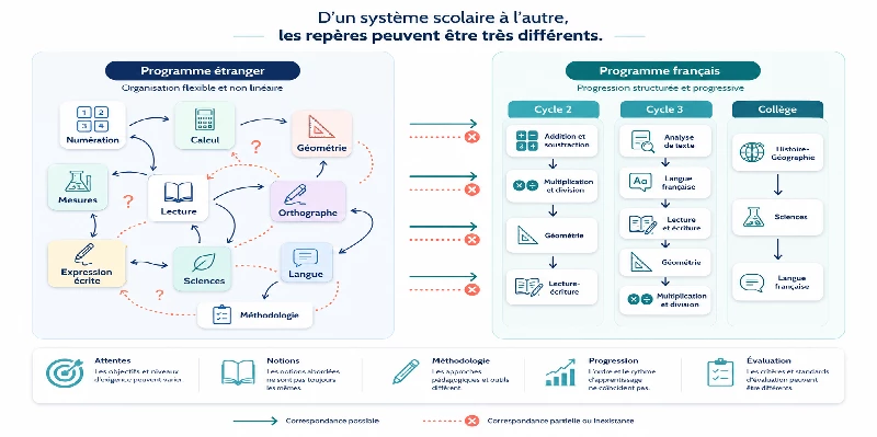Schéma pédagogique du CEFEL montrant des programmes scolaires flexibles et progressifs, avec cycles et matières en tableaux. Schéma pédagogique du CEFEL montrant des programmes scolaires flexibles et progressifs, avec cycles et matières en tableaux.