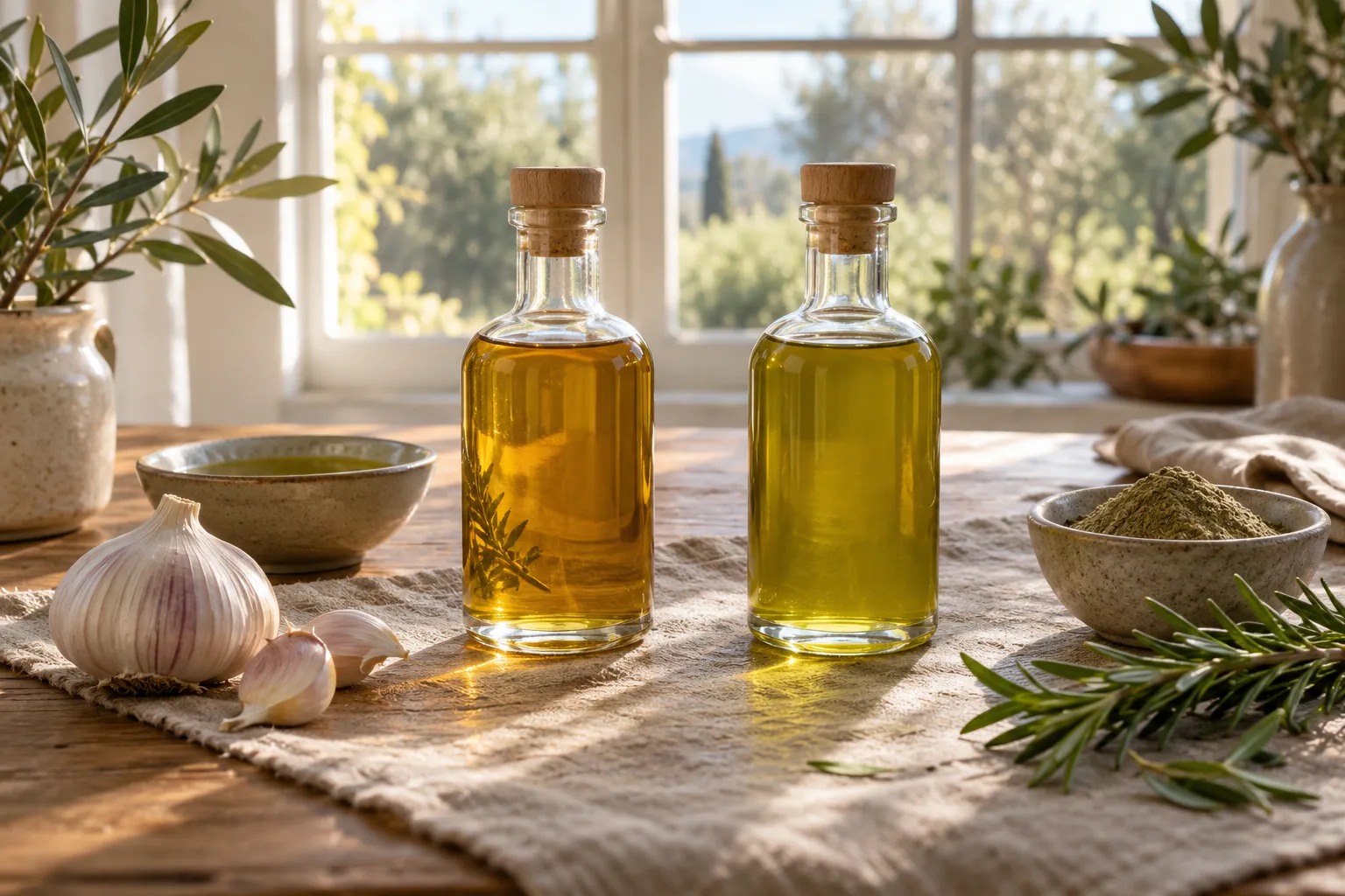 Deux fioles d’huile dorée entourées d’ail, d’herbes et de poudre, disposées sur une table en lumière naturelle.