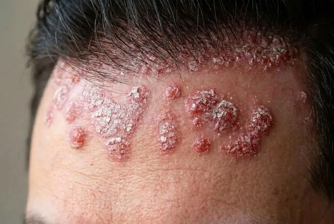 Éruption psoriasiforme sur le front: plaques rouges épaissies et squames blanchâtres visibles près des cheveux. Altération cutanée associée au psoriasis visage photo.