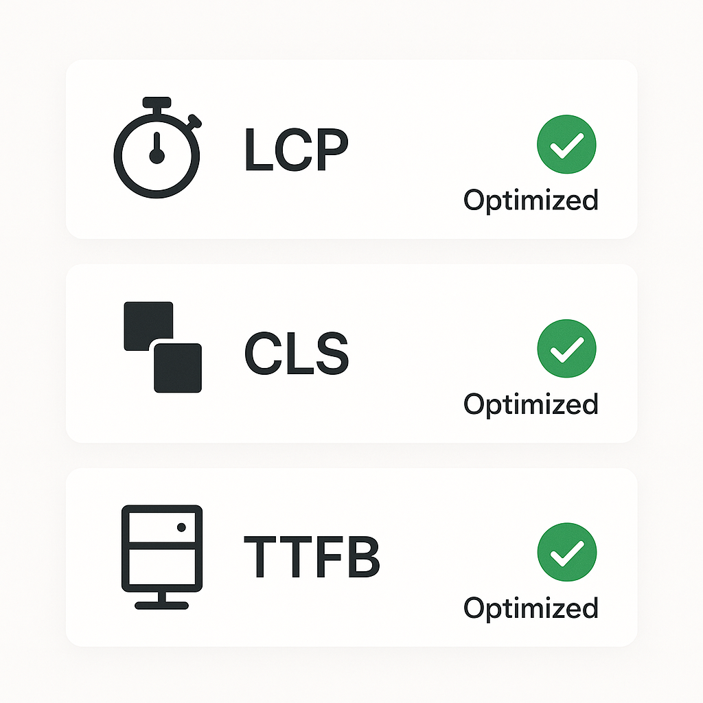 Infographie des Core Web Vitals : LCP, CLS, TTFB, indiquant une performance technique optimisée du site.