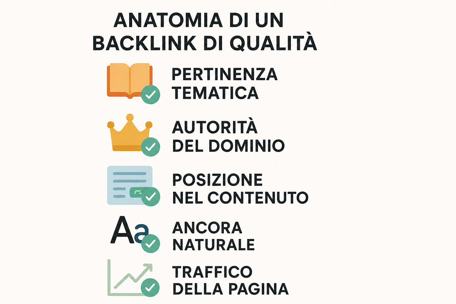 Checklist visiva dei cinque criteri di un backlink di qualità: pertinenza, autorità, posizione, ancora e traffico.