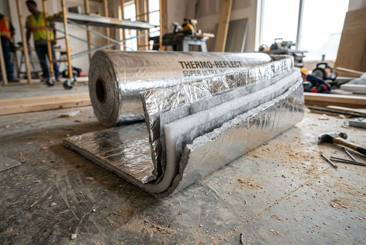 Panneau d’isolant mince haute performance en rouleau posé sur un chantier, avec revêtement métallique et matériau isolant visible.