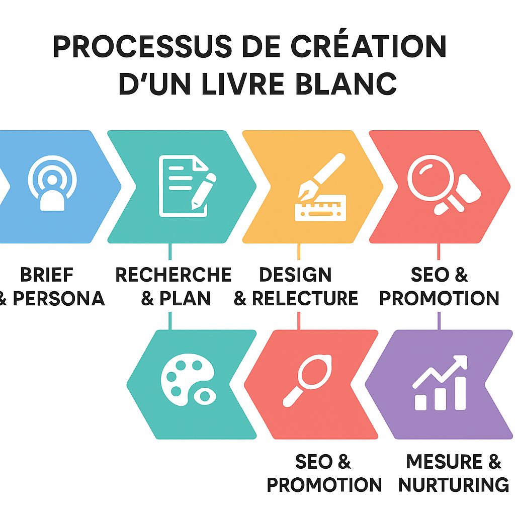 Infographie présentant les 6 étapes clés du processus de création d'un livre blanc efficace : Brief & Persona, Recherche & Plan, Rédaction, Design & Relecture, SEO & Promotion, Mesure & Nurturing.