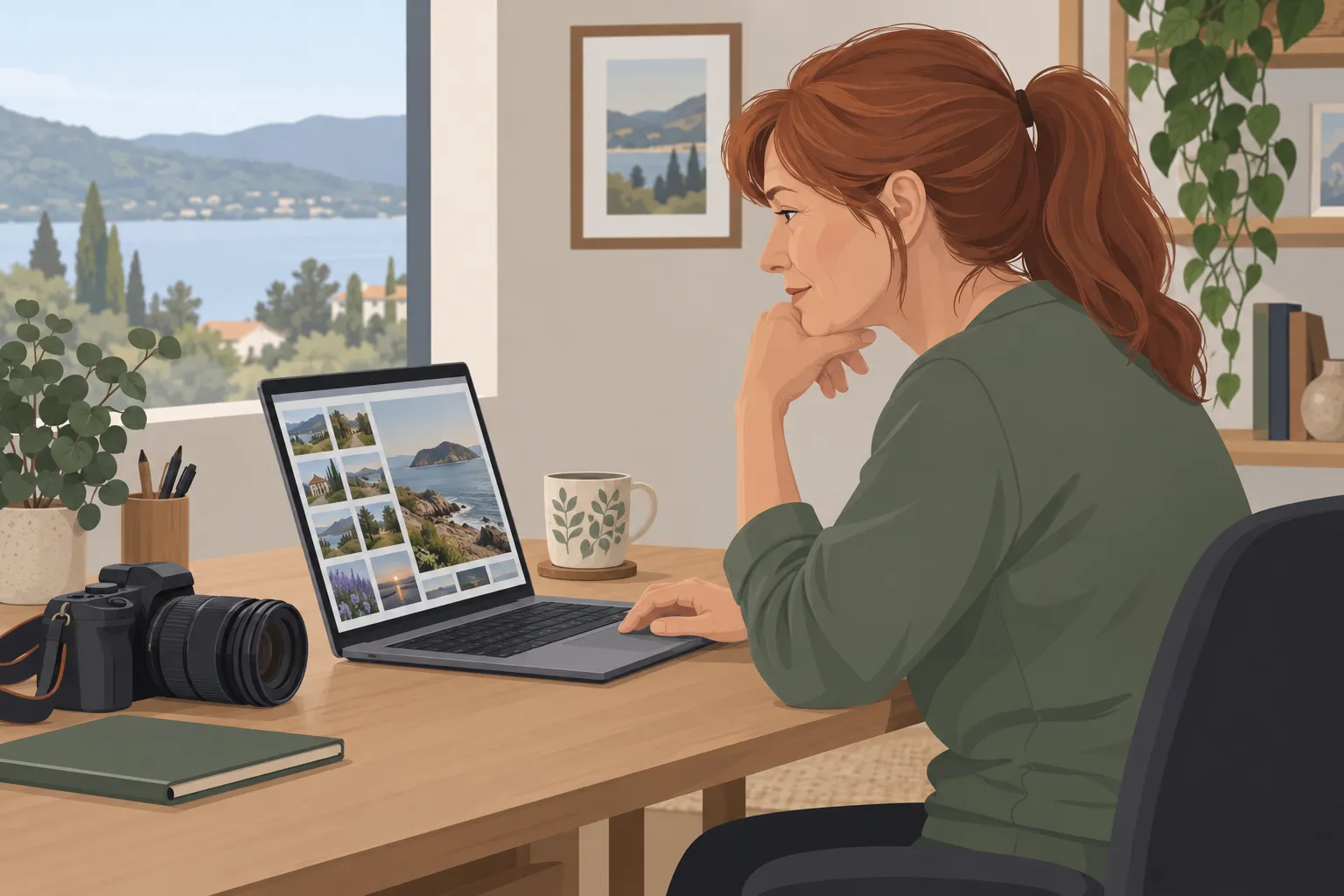 Portrait d’une femme qui travaille sur son ordinateur portable à domicile, affichant des photos sur l’écran, avec un appareil photo reflex et un carnet sur le bureau. Métier de photographe avantages et inconvénients évoqué.