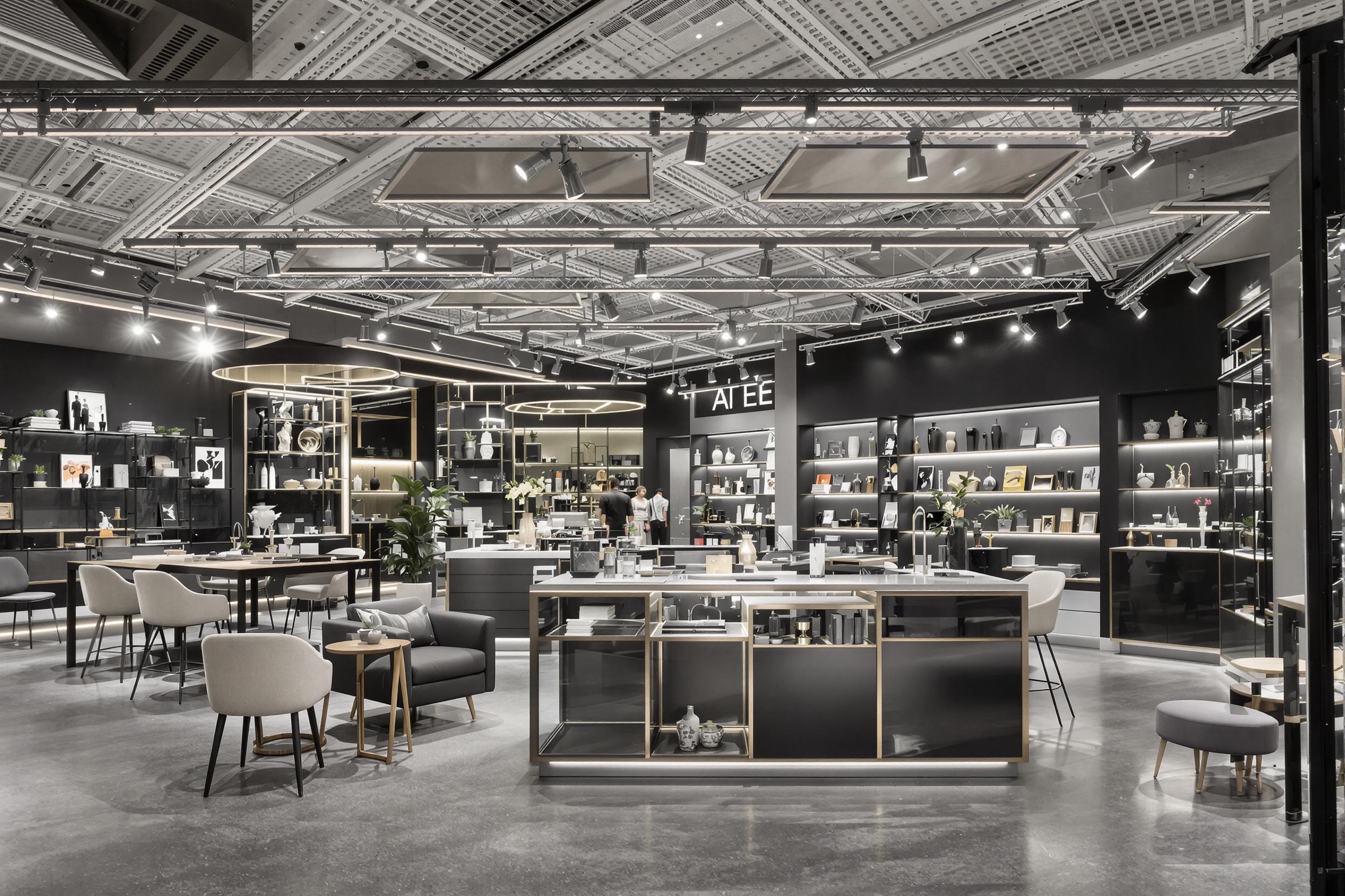 Ensemble de spots sur rail plafond dans un showroom