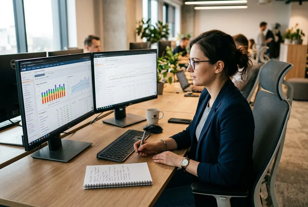 Projektantka analizuje dane na dwóch monitorach w biurze, pisze notatki, pracuje nad raportami. W tle inni pracownicy. Automatyczne raporty seo.
