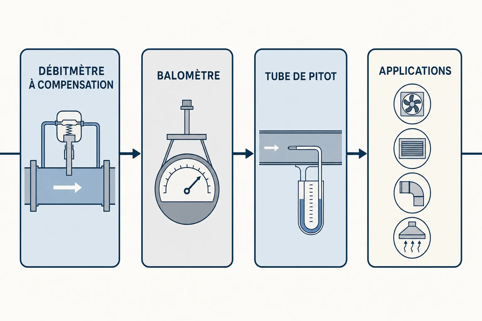 Illustration technique montrant un système de mesure du débit avec débitmètre à compensation, balomètre et tube de pitot, images schématiques alignées pour décrire les étapes d’un appareil de mesure débit vmc.