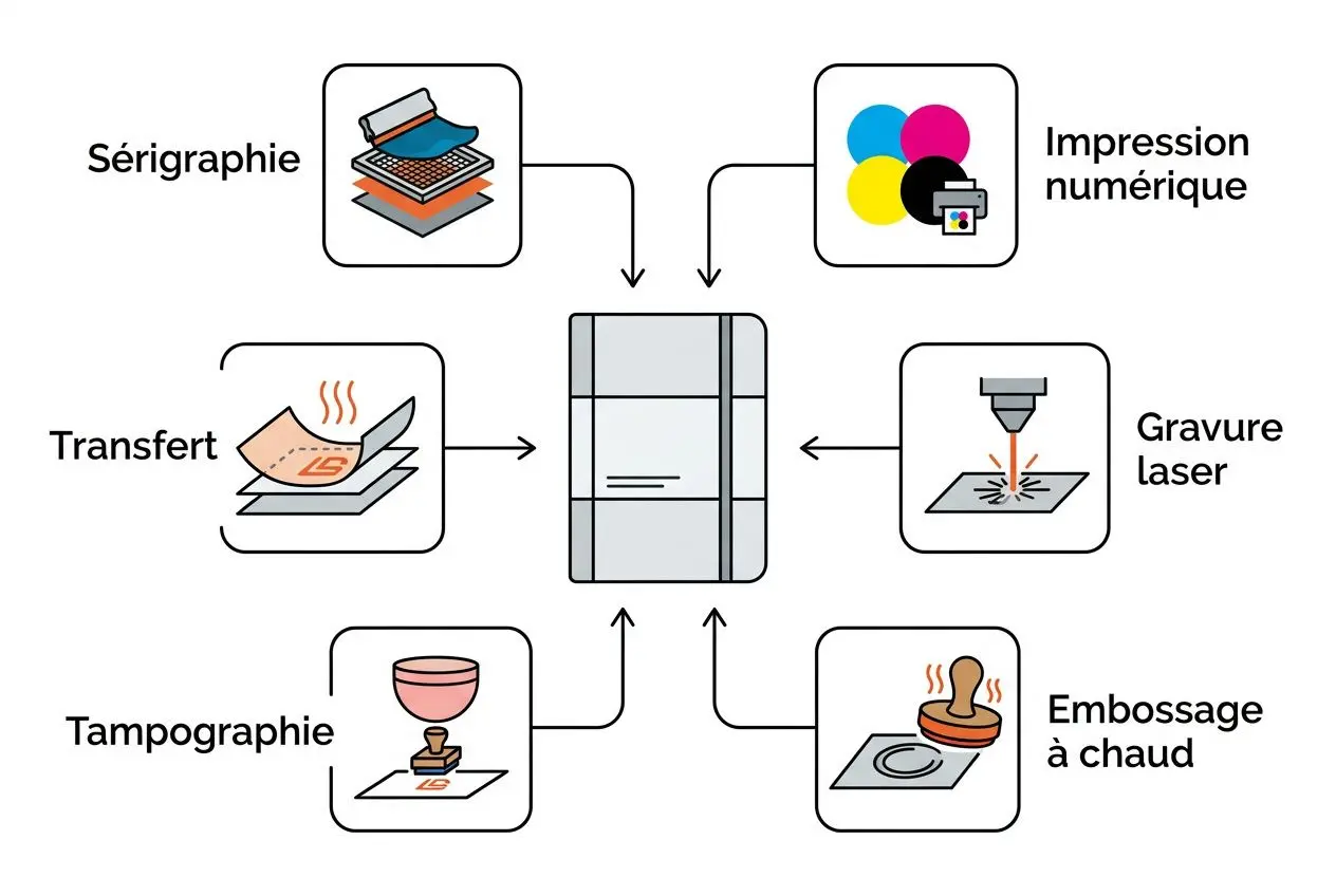 Processus d'impression d'un carnet publicitaire: sérigraphie, impression numérique, gravure laser, embossage à chaud, tampographie et transfert. Cadre central représentant le carnet. (carnet publicitaire délai court)