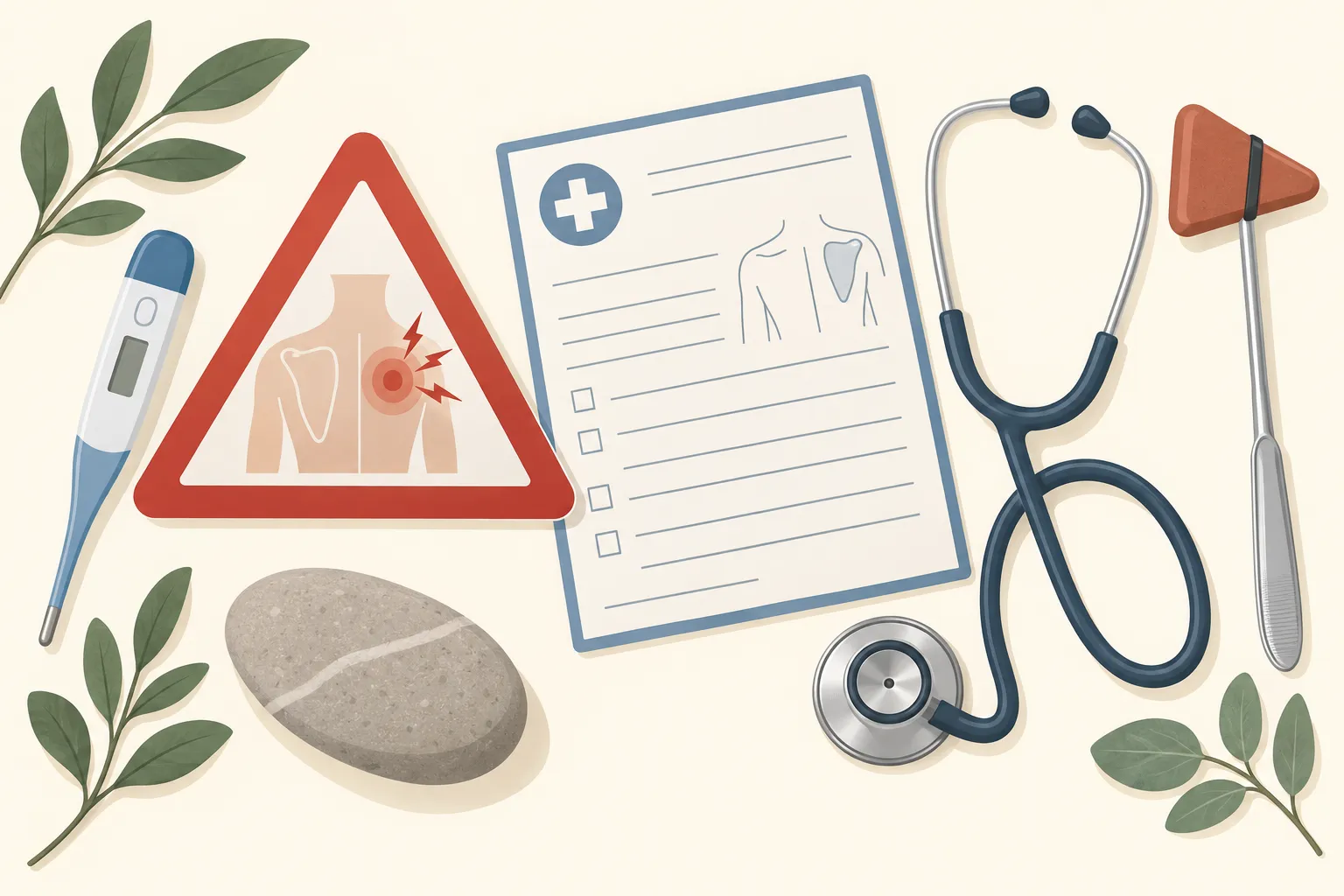 Illustration médicale: stéthoscope, carnet médical et pictogramme douleur à l’épaule, thermomètre, pierre et végétation, évoque douleur omoplate droite et consultation médicale.