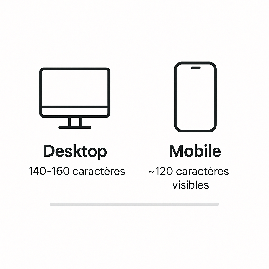 Infographie comparant la longueur optimale d'une méta description sur desktop et mobile.