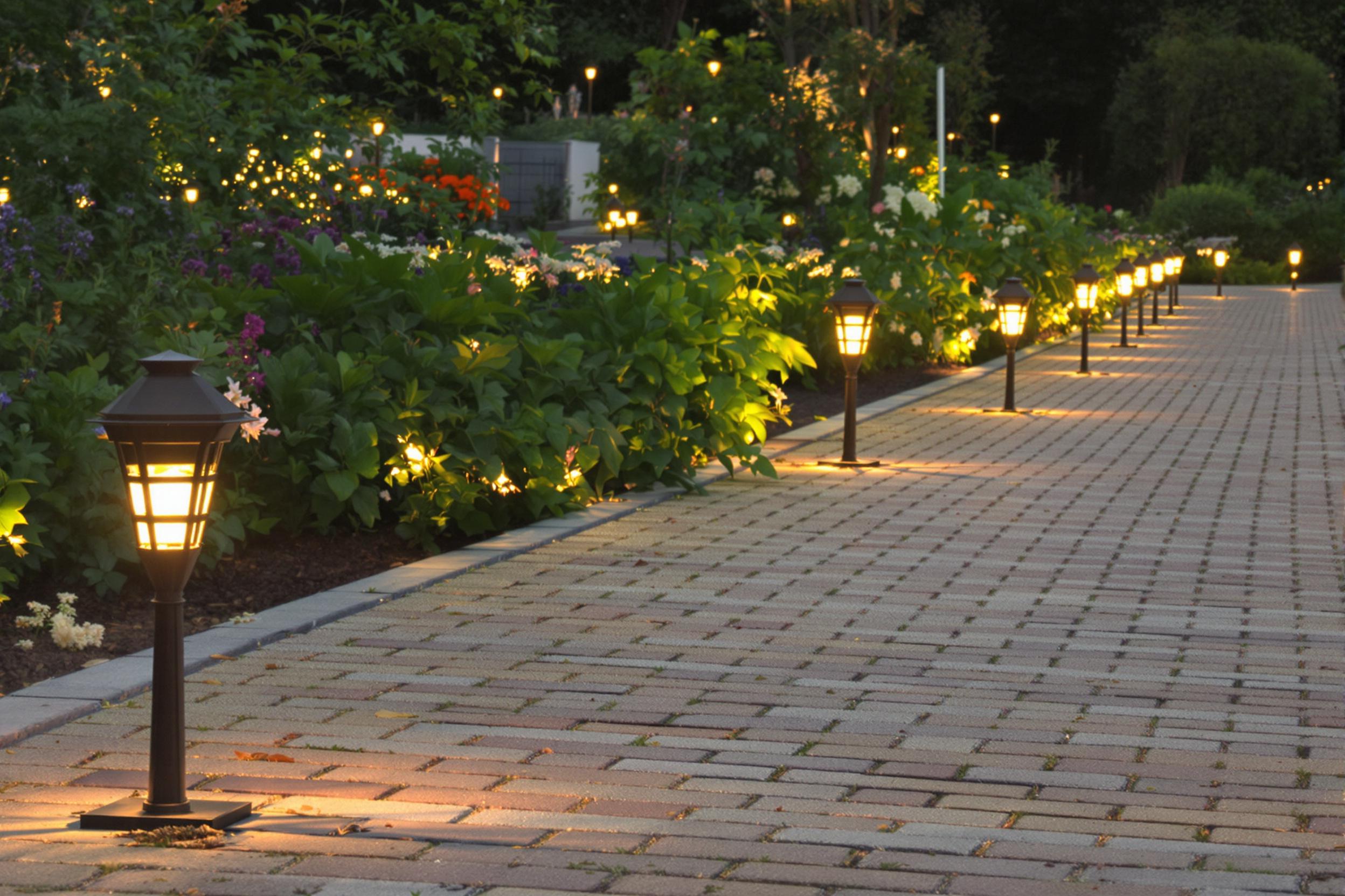 Jardin éclairé par lampes solaires