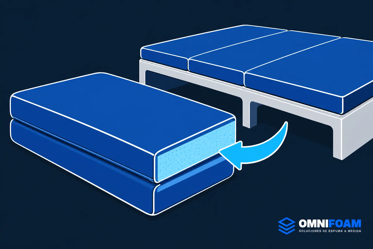 Cama plegable con un colchón azul despegándose para quedar instalado sobre el somier.