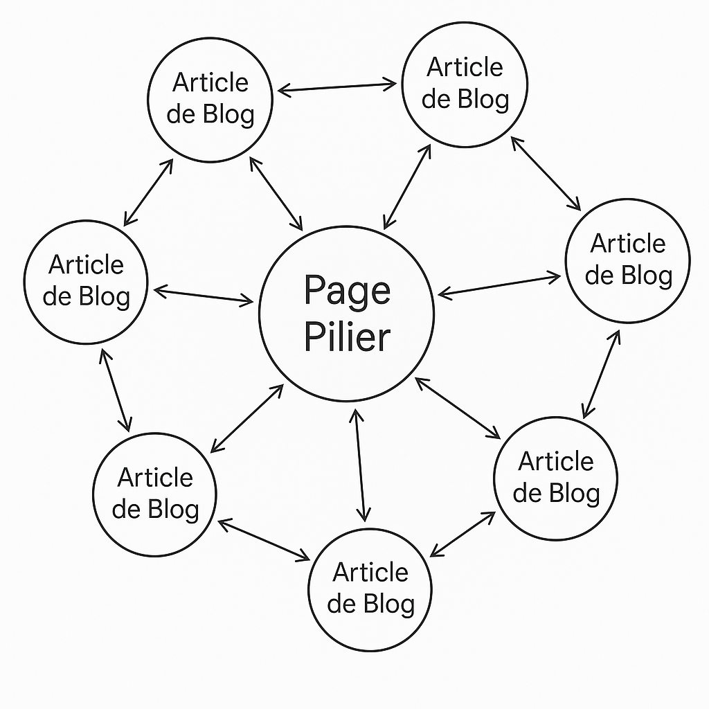 Diagramme du maillage interne en cocon sémantique montrant comment les articles de blog sont liés à une page pilier centrale pour renforcer le SEO.