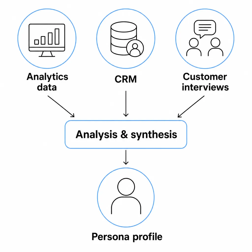 Diagram of the persona creation process: data from analytics, CRM and customer interviews feeds analysis and synthesis, leading to a unified profile.