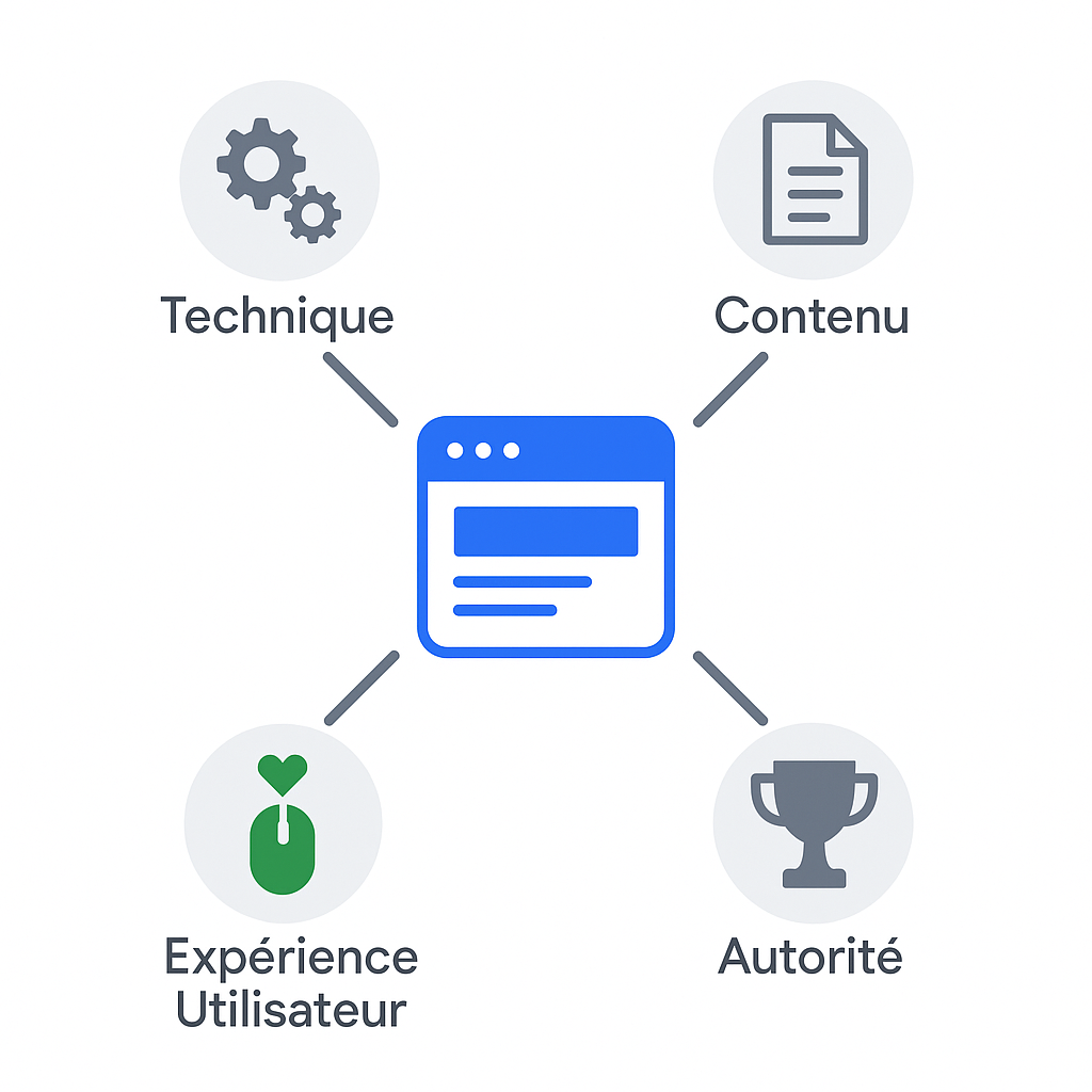 Schéma illustrant les 4 piliers fondamentaux du SEO qui soutiennent un site web : la technique, le contenu, l'autorité et l'expérience utilisateur.
