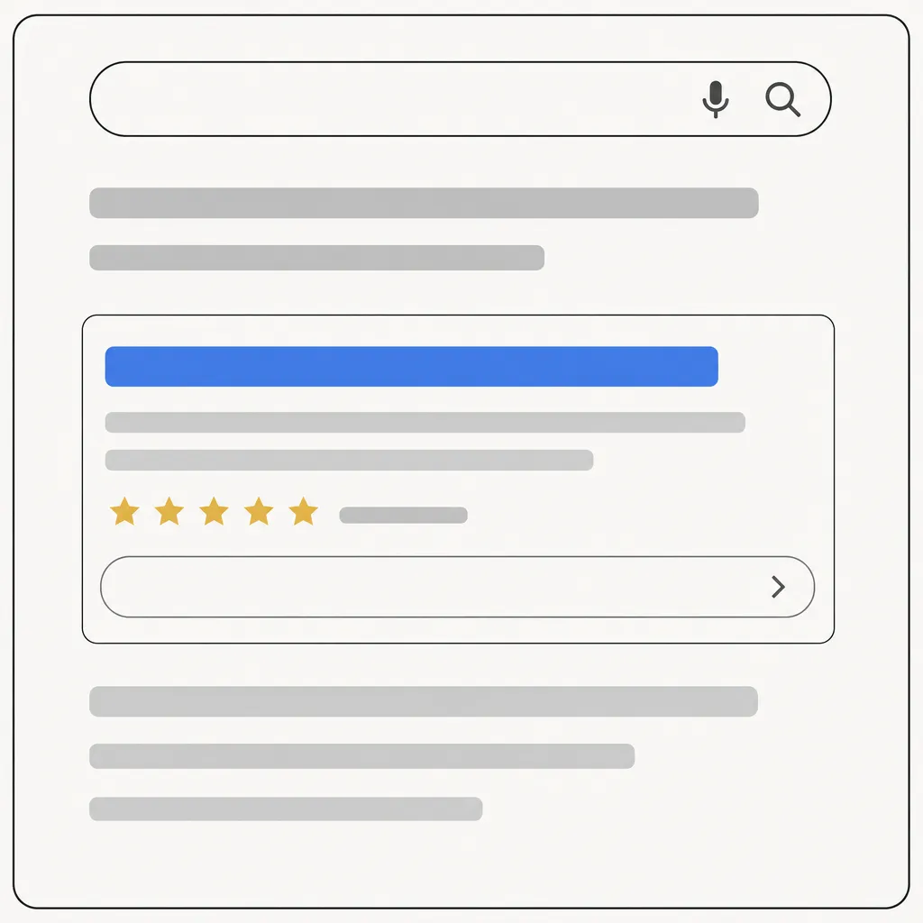 Simulación de un resultado de búsqueda de Google optimizado para un producto PrestaShop, con título, meta descripción y fragmentos enriquecidos.