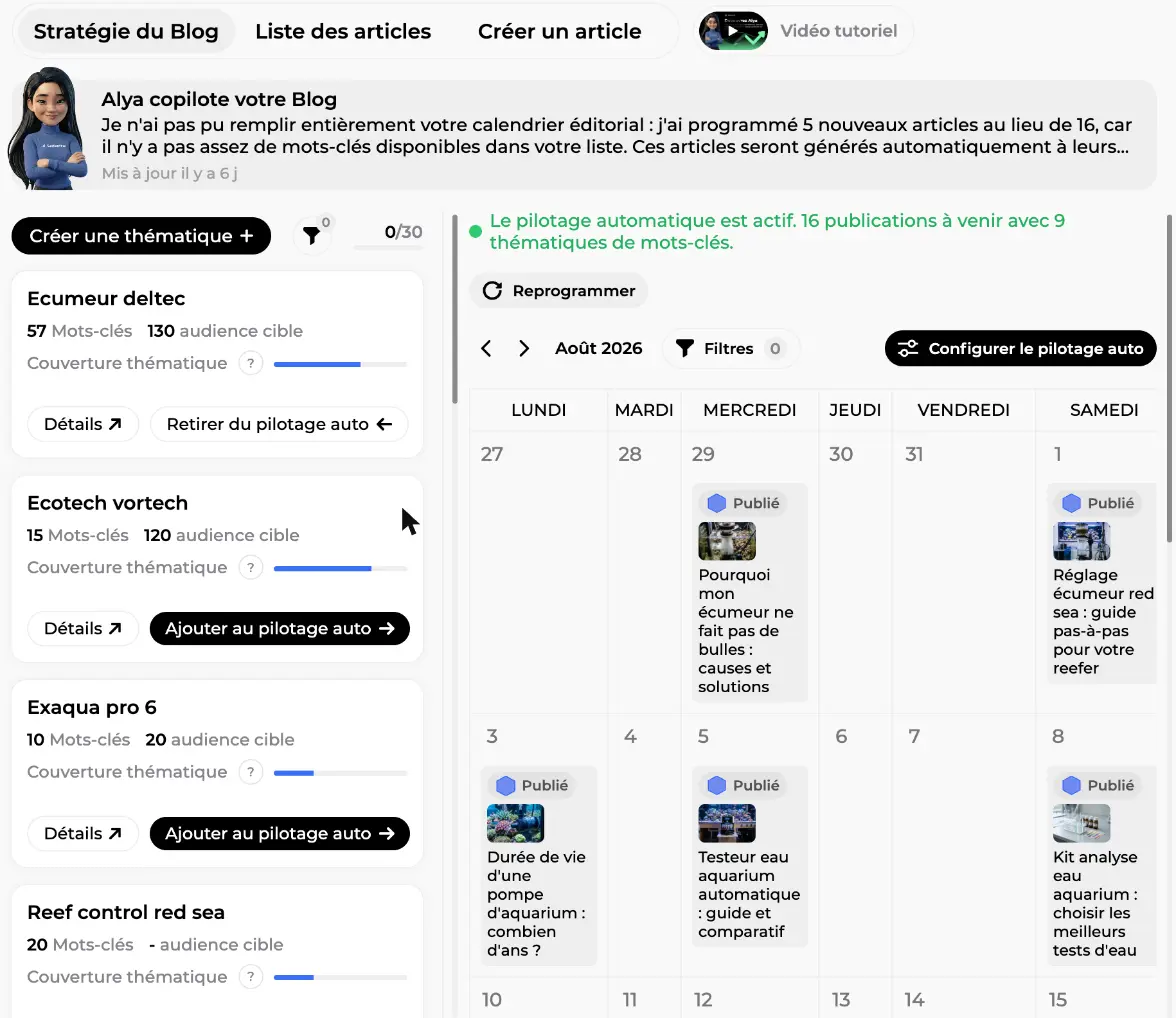 Écran Stratégie du Blog, liste des thématiques avec couverture thématique et calendrier éditorial du mois