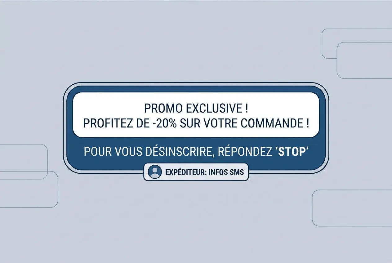 Promo exclusive ! Profitez de -20% sur votre commande, pour vous désinscrire répondez STOP. Expéditeur: Infos SMS. Conformité légale sms marketing.