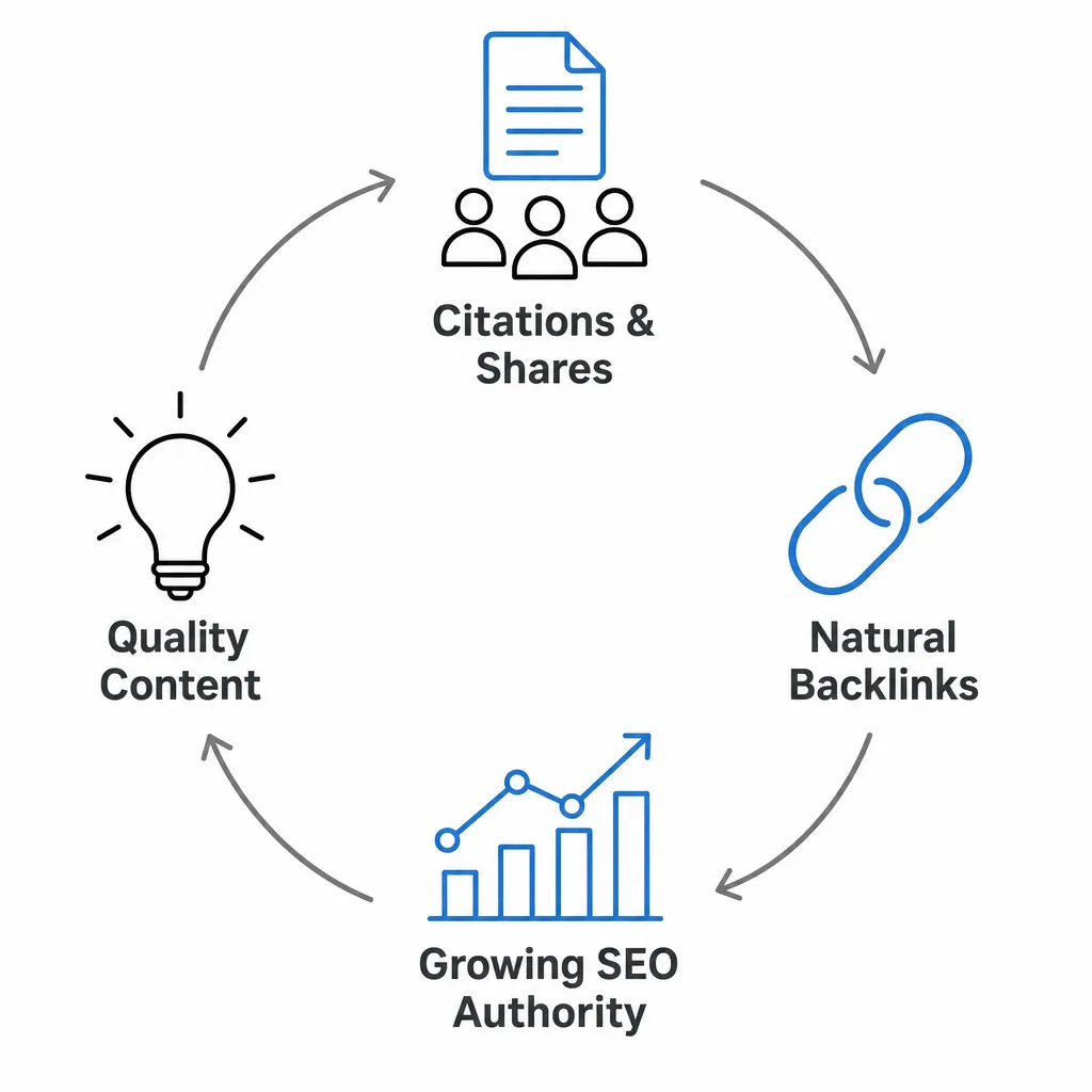 Diagram of the link baiting virtuous circle: quality content earns shares, which create natural backlinks and grow SEO authority.