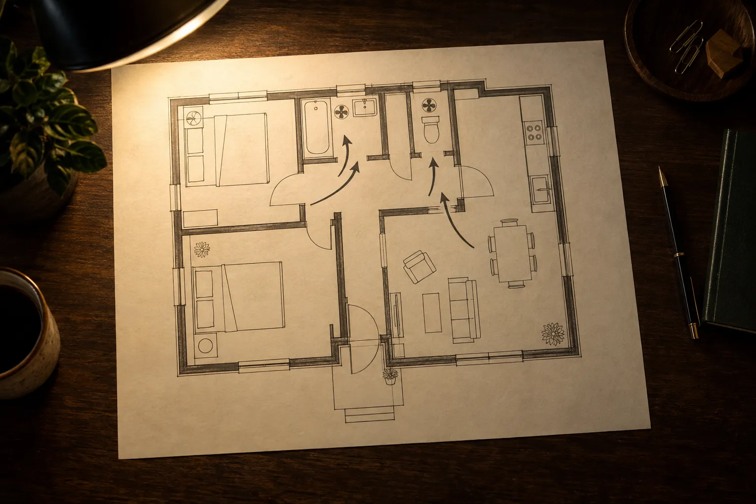 Plan d intérieur d un logement avec différentes pièces et portes.