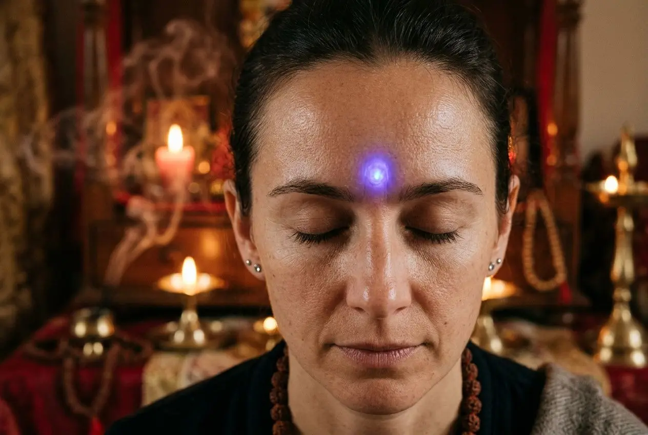Personne les yeux fermés, front légèrement éclairé par une lumière violette sur le troisième œil, séance de méditation dans un cadre spirituel feutré. incluant le lien subtil au chakras et au yoga.