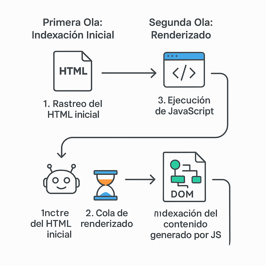 Esquema del proceso de indexación de JavaScript de Google, mostrando la primera ola de rastreo del HTML y la segunda ola de renderizado del contenido dinámico.