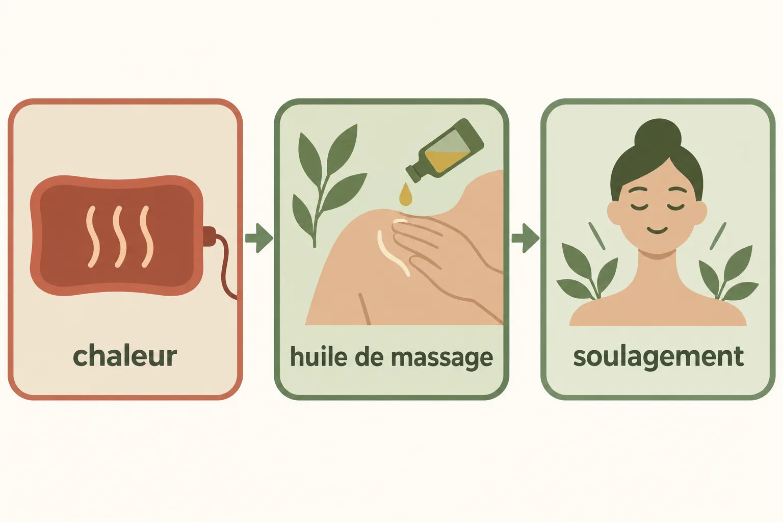 Processus illustrant une douleur omoplate droite: chaleur, huile de massage et soulagement des tensions musculaires.