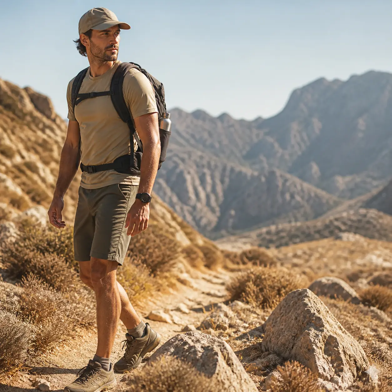 Homme en randonnée dans un désert rocheux portant un sac militaire sur le dos, tenue kaki et casquette, paysage montagneux en arrière-plan. comment choisir son sac militaire pour la rentrée