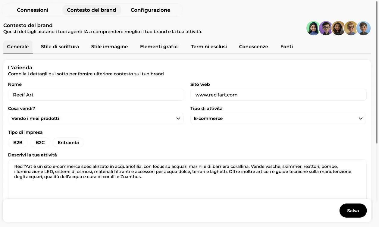 Scheda Generale del contesto del brand con nome, sito web, tipo di attività, tipo di impresa e descrizione dell'attività