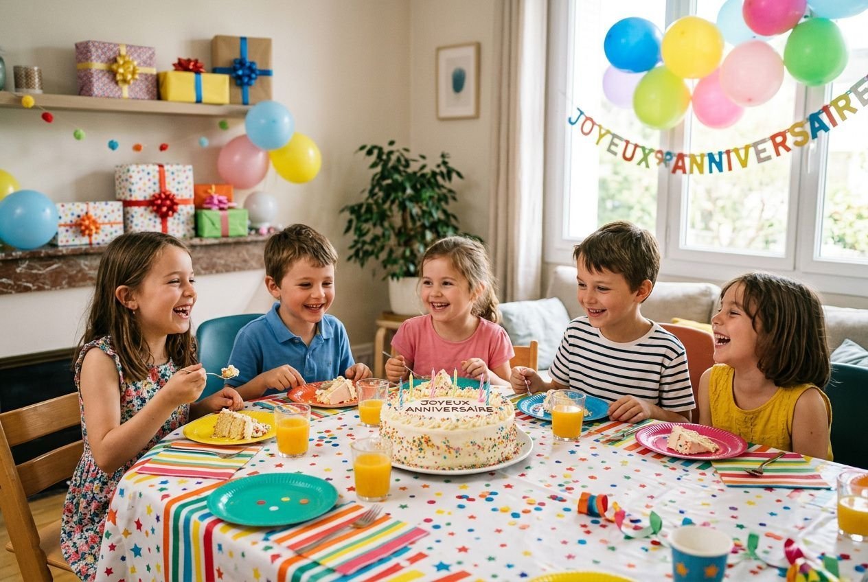 Enfants autour d’un gâteau d’anniversaire facile à décorer, sourires joyeux, décorations colorées et ballons pour une fête enfantine réussie. idée gâteau anniversaire enfant facile intégrée.