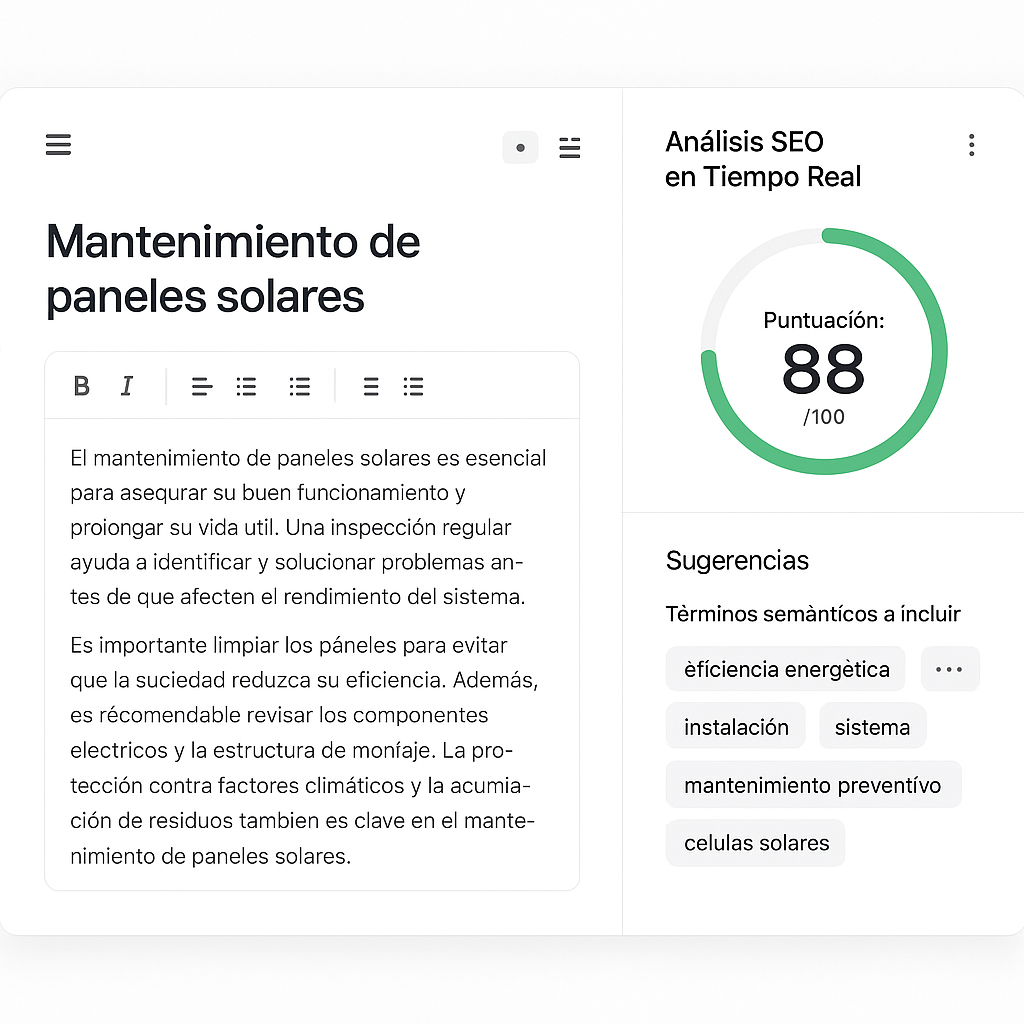 Interfaz del editor de contenido con IA de Sedestral, mostrando una puntuación SEO en tiempo real y sugerencias de optimización semántica.