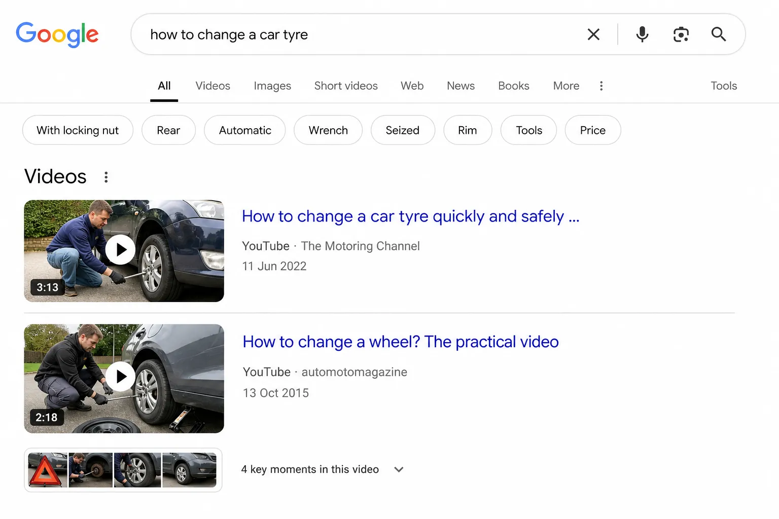 Google results for 'how to change a car tyre' showing a video block with two YouTube tutorials and filter chips.