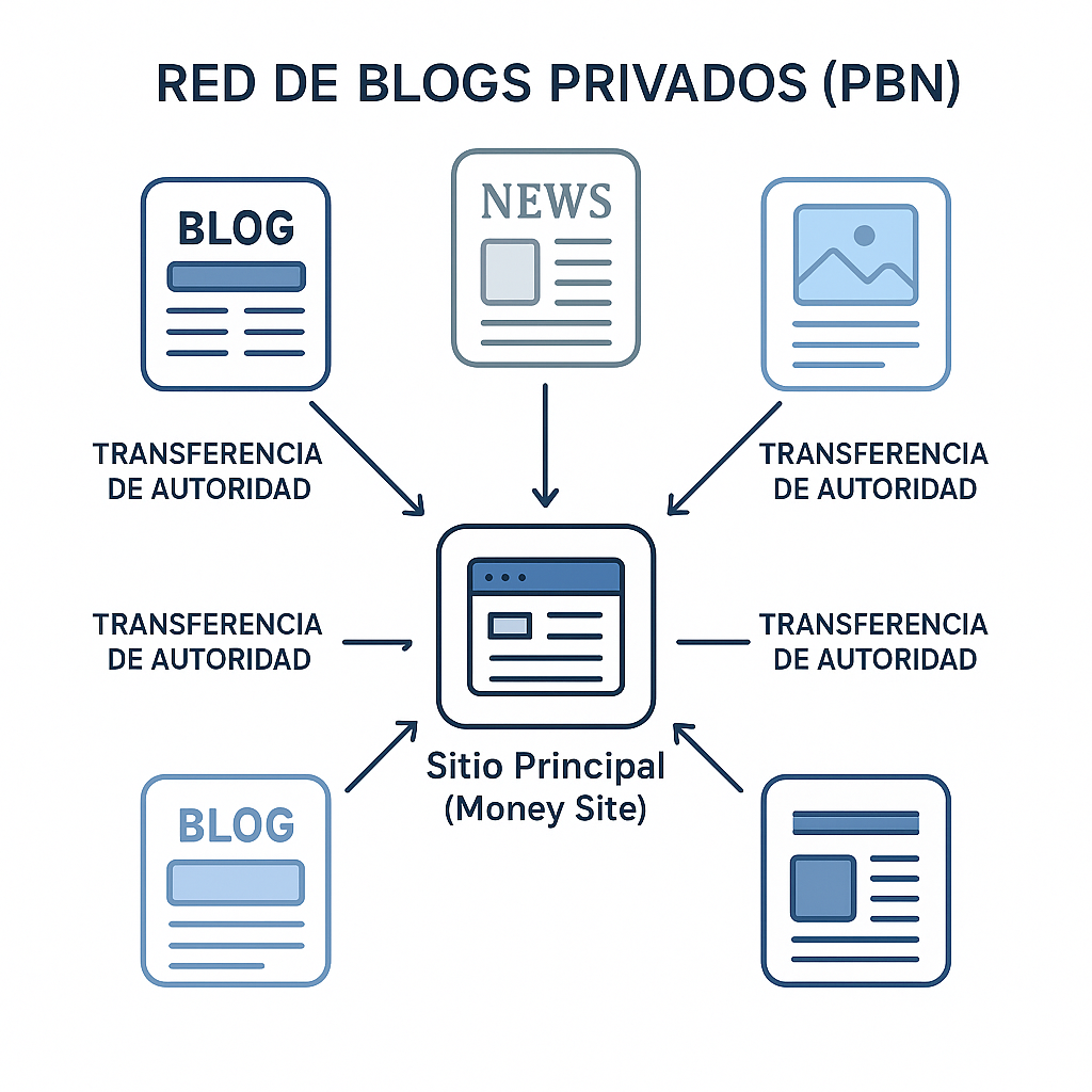 Esquema que muestra el funcionamiento de una PBN (Private Blog Network), donde varios blogs privados enlazan hacia un sitio principal para transferirle autoridad.
