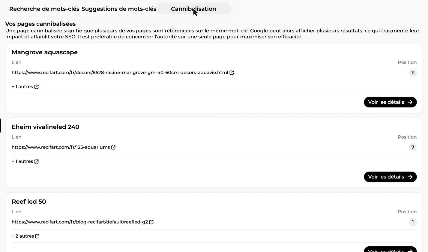 Liste Vos pages cannibalisées avec les mots-clés concernés, les URL des pages, leur position Google et un bouton Voir les détails