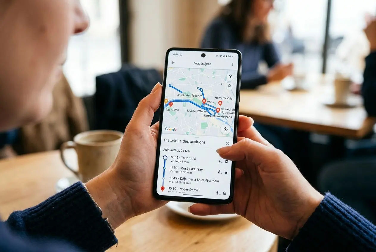 Historique des positions Google Maps affiché sur un smartphone, montrant un itinéraire et des trajets récents pour l’optimisation des déplacements.