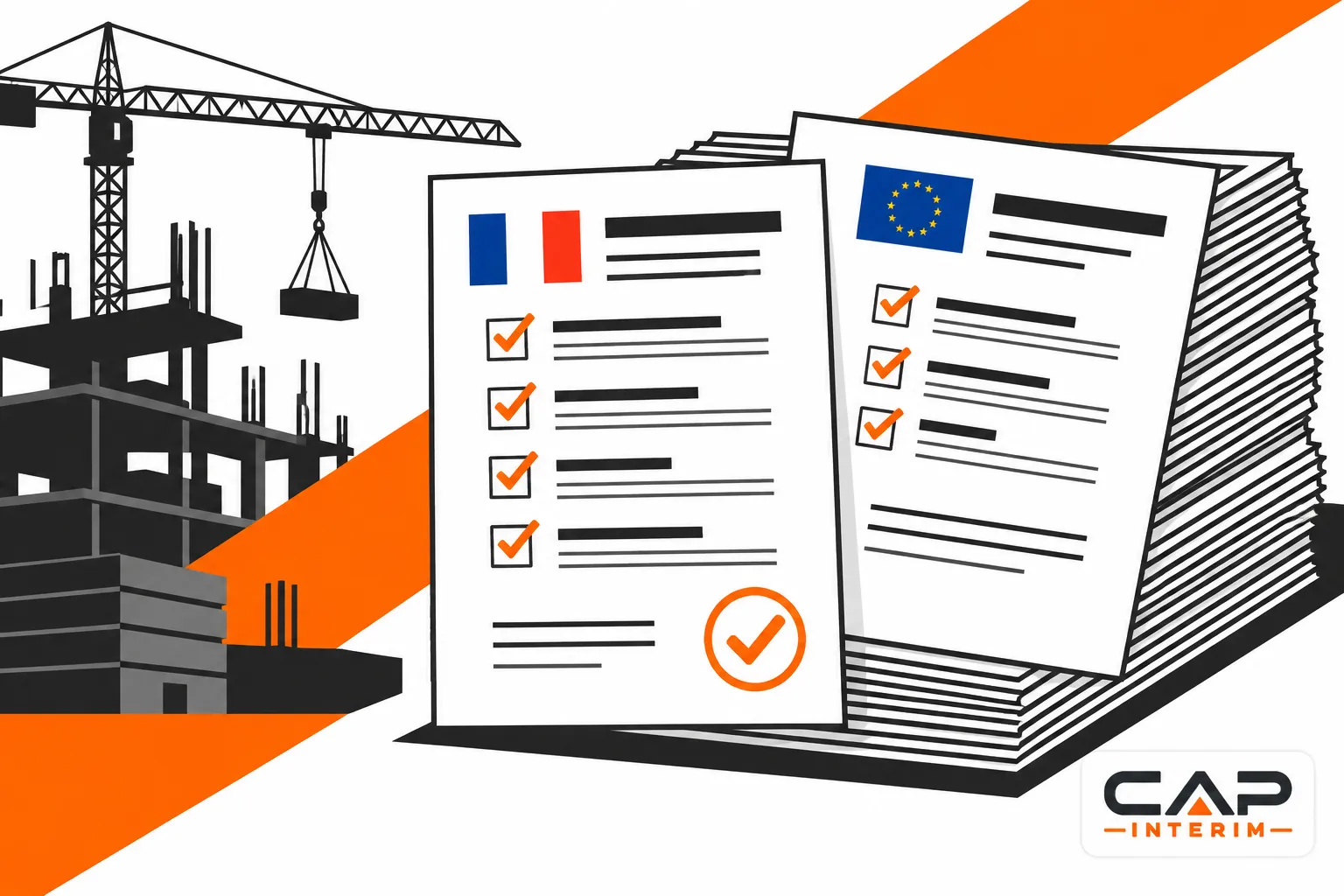 Des feuilles de contrôle et des documents alignés sur une pile, avec une grue de chantier en arrière-plan.