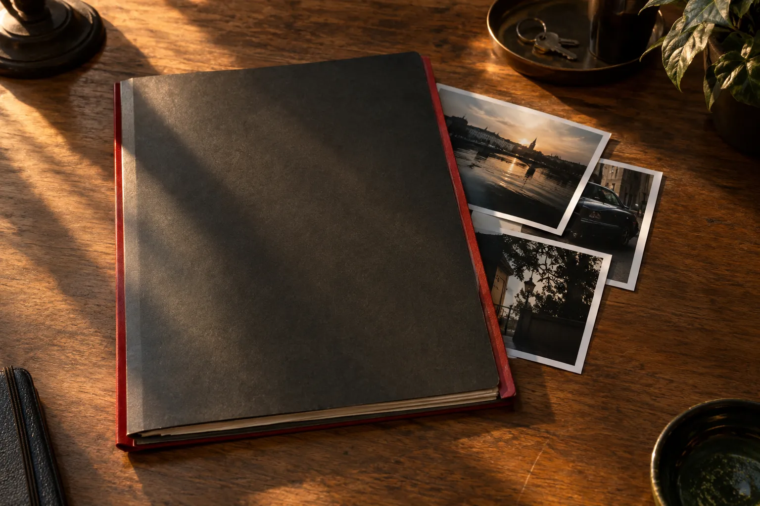 Un carnet ouvert posé sur une table avec quelques photographies empilées à côté.