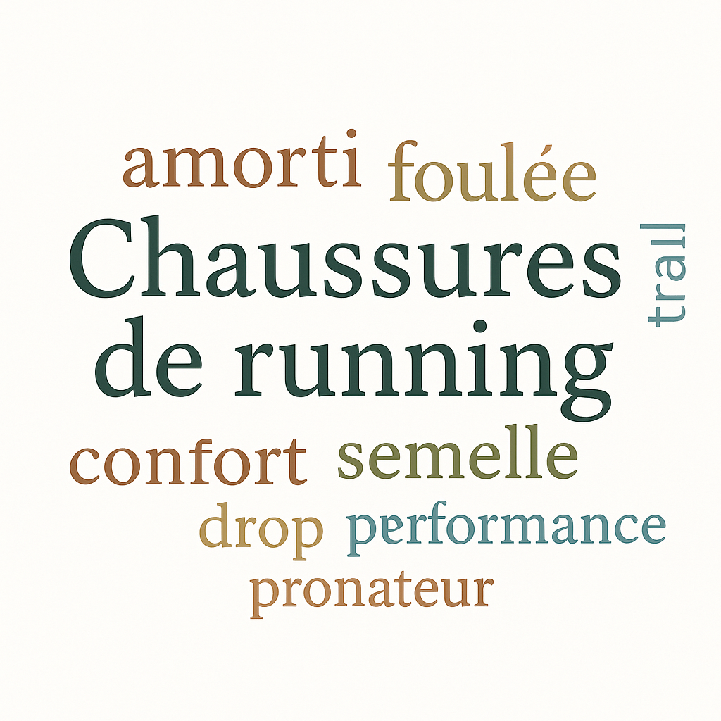 Nuage de mots illustrant le champ sémantique du mot-clé 'chaussures de running' pour un contenu riche et optimisé.