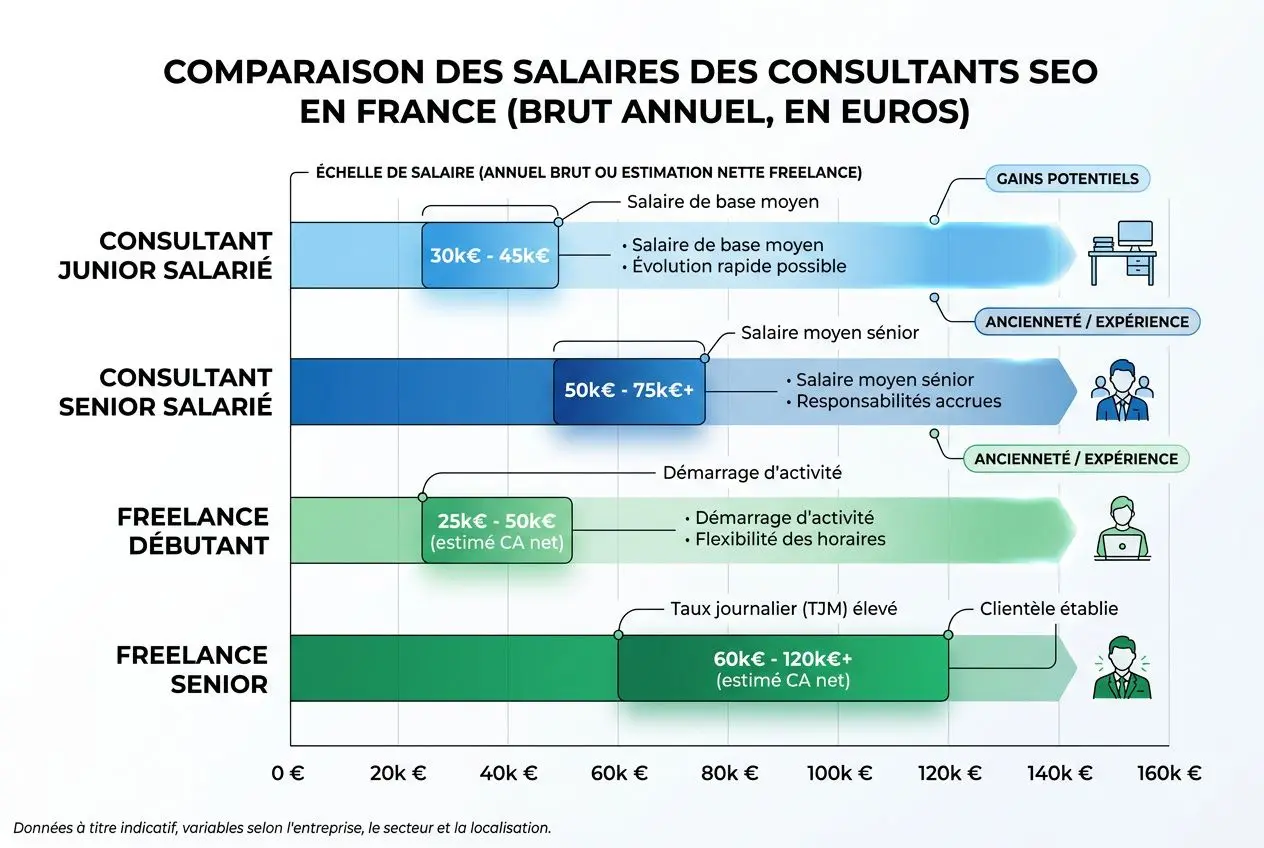 Comparaison des salaires des consultants seo en France: graphique montrant junior, senior et freelance avec échelles de 0 à 160k €, mettant en avant les niveaux de salaire et les échelles de progression.