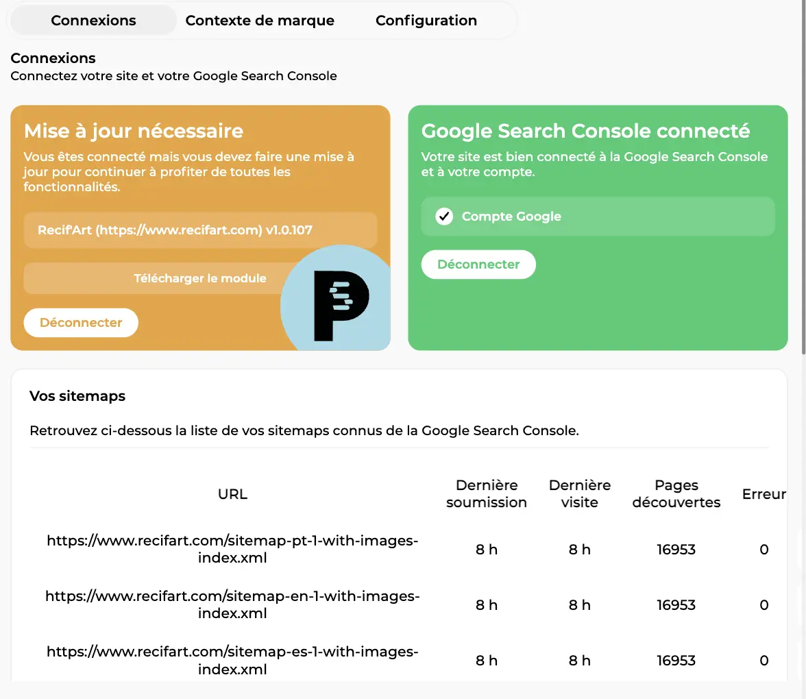 Onglet Connexions avec la carte du module CMS en mise à jour nécessaire, la Search Console connectée et la liste des sitemaps