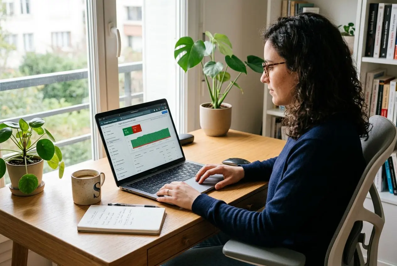 Femme au bureau à domicile utilisant un laptop pour l’indexation google, tableau sur l’écran et plantes en arrière-plan.