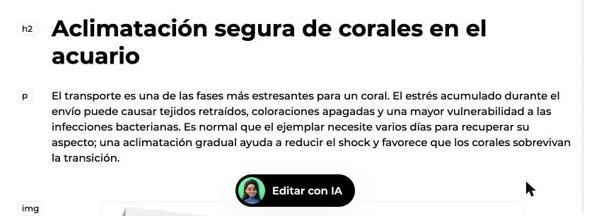 Pastilla flotante Editar con IA en el editor, debajo de un encabezado H2 y su párrafo