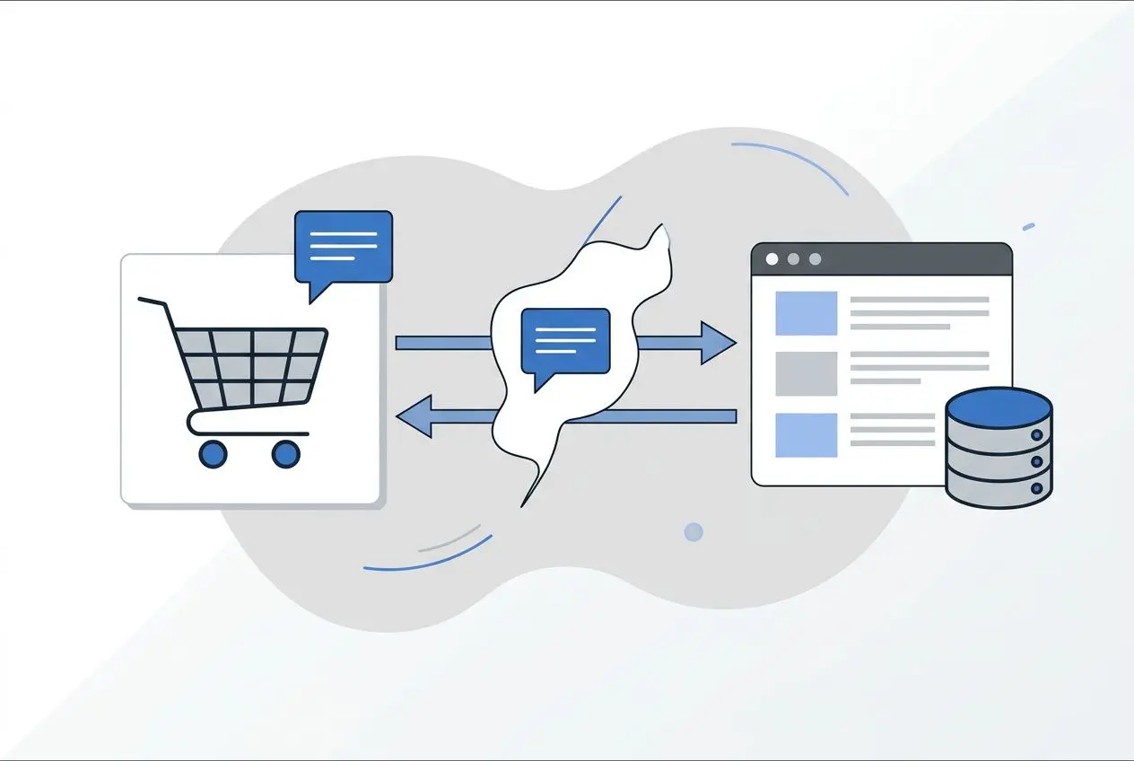 Illustration montrant un processus de commerce numérique: panier d'achat, flux de messages et serveur, symbolisant l’automatisation campagne sms e-commerce.