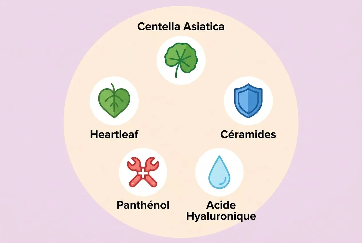 Infographie des ingrédients apaisants: Centella Asiatica, Heartleaf, Céramides, Panthénol et Acide Hyaluronique.