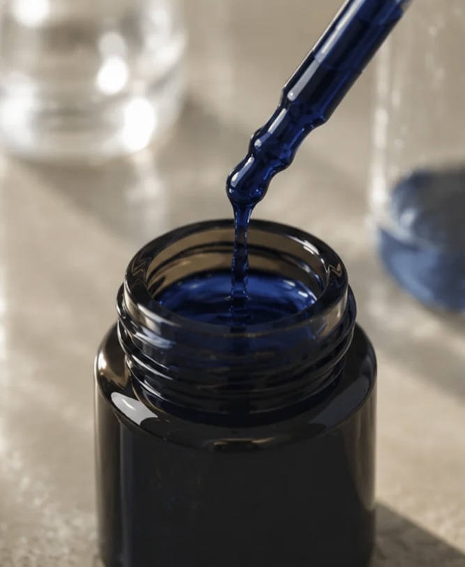 Flacon ouvert contenant une solution bleue, pipette plongeant dans le liquide bleu sombre, ambiance laboratoire.