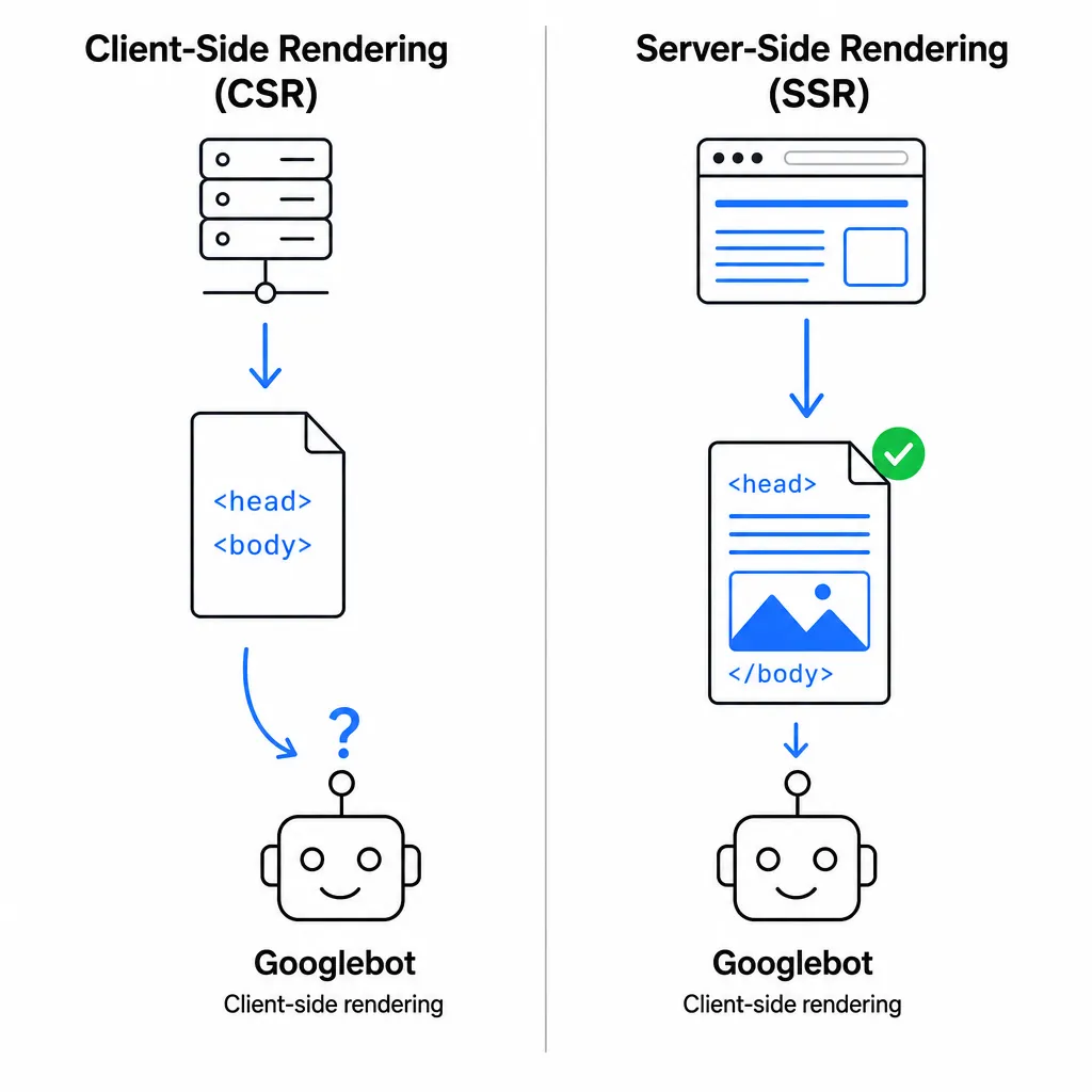 Diagram comparing client-side rendering, where Google receives an empty page, and server-side rendering, where Google gets full HTML it can index right away.