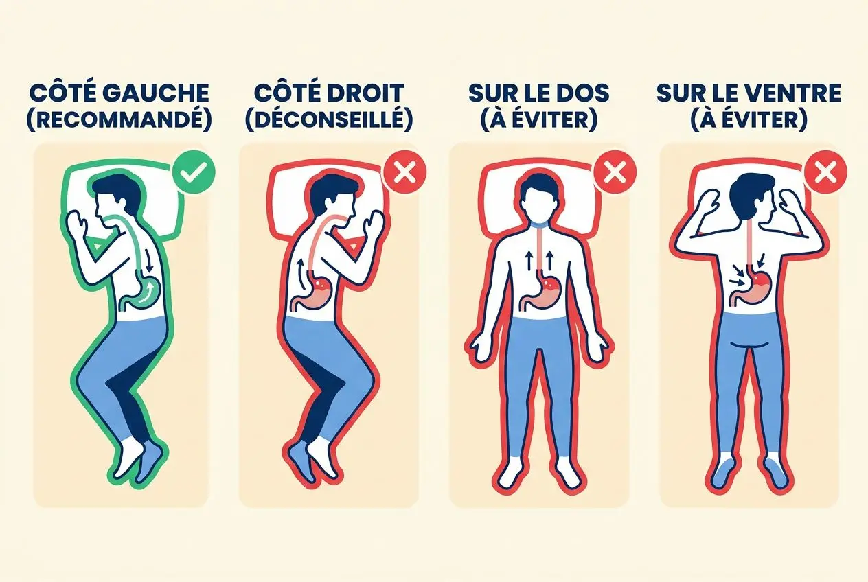 Illustration montrant les positions de sommeil: côté gauche recommandé, côté droit déconseillé, dormir sur le dos à éviter et sur le ventre à éviter. Meilleur position pour dormir digestion intégrée.